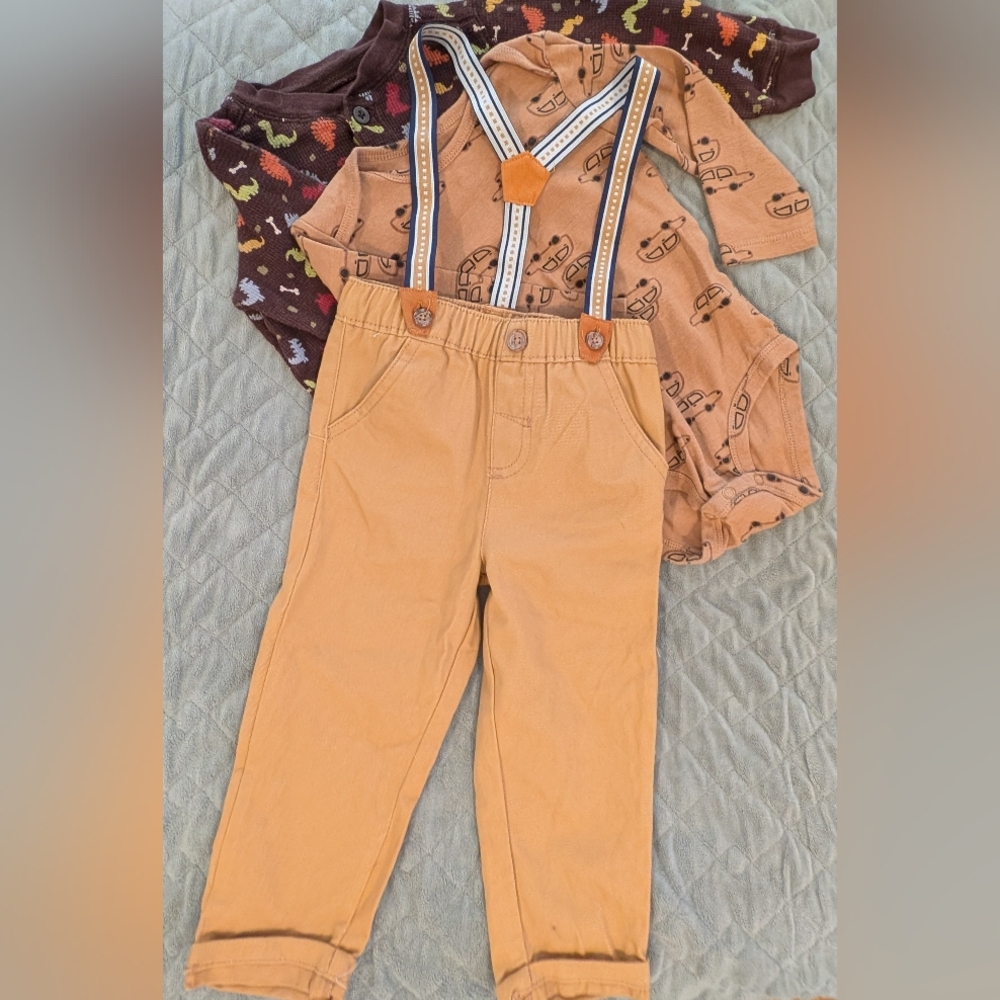 18M Tan Kids Bottoms with Suspenders And 2 Bodysuits